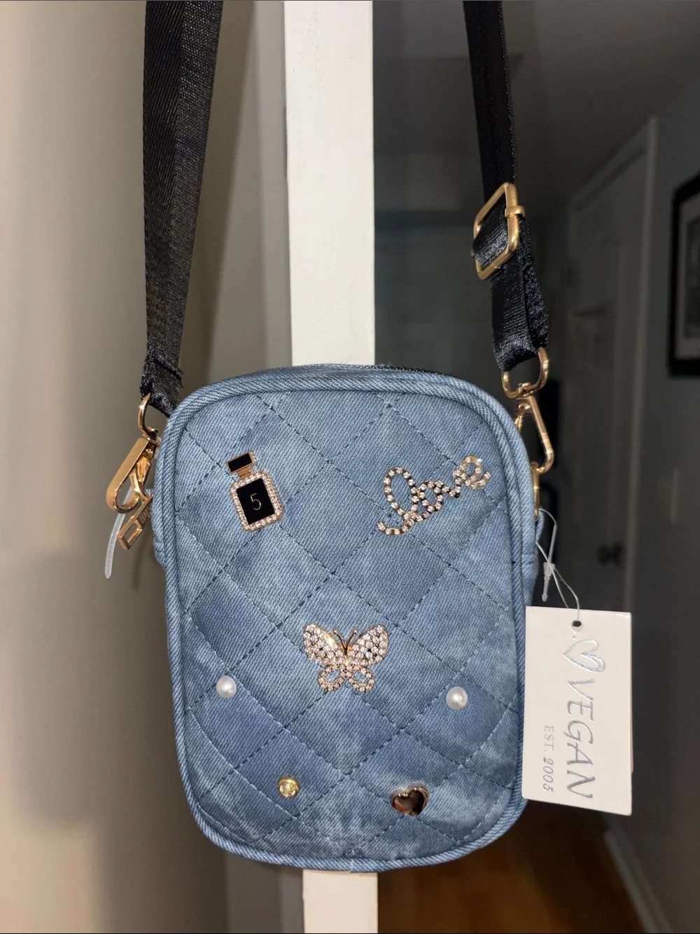 Vegan Denim Quilted Crossbody Bag in Light Blue. NWT.